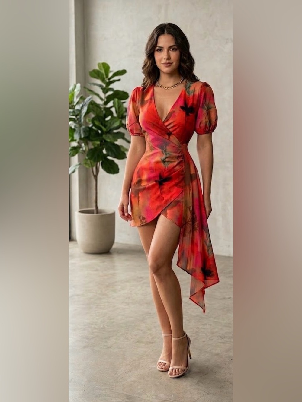 Pretty Little Things Red and Orange Beach/Resort Wrap Dress Shift Size 4 NWT